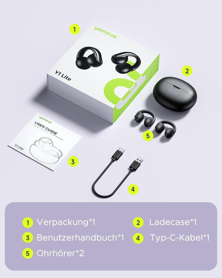 Y1 Lite Open-Ear Kopfhörer, Bluetooth 6.0 Leichtgewichte, 30H Spielzeit, 13mm Bass-Treiber, Digitala