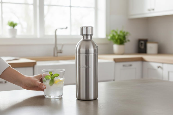 Premium Wassersprudler aus gebürstetem Edelstahl mit 1 x BPA-frei Flaschen SW!ZZ (gebürstetem Edelst