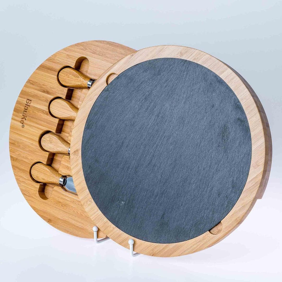 BlauKe Bambus Käsebrett mit Käsemesser Set und Schieferplatte - Servierplatte aus Holz für Käse und