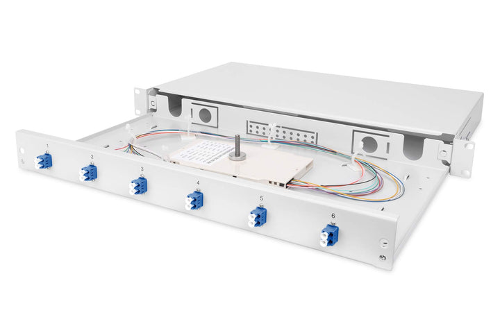 DIGITUS LWL Spleissbox 6 Kupplungen - LC - OS2 - 1HE - 19-Zoll - Multi-Mode Simplex - Mit Spleiss-Ka