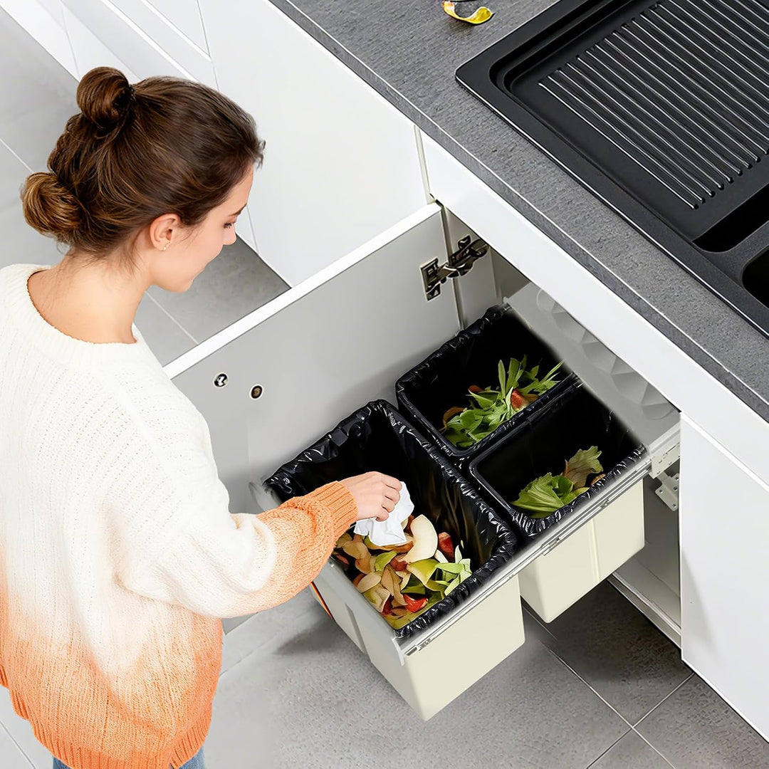 Huracan Mülleimer Küche Unterschrank Ausziehbar 40L, Mülleimer 3 Fächer, Mülltrennsystem Küche, Einb