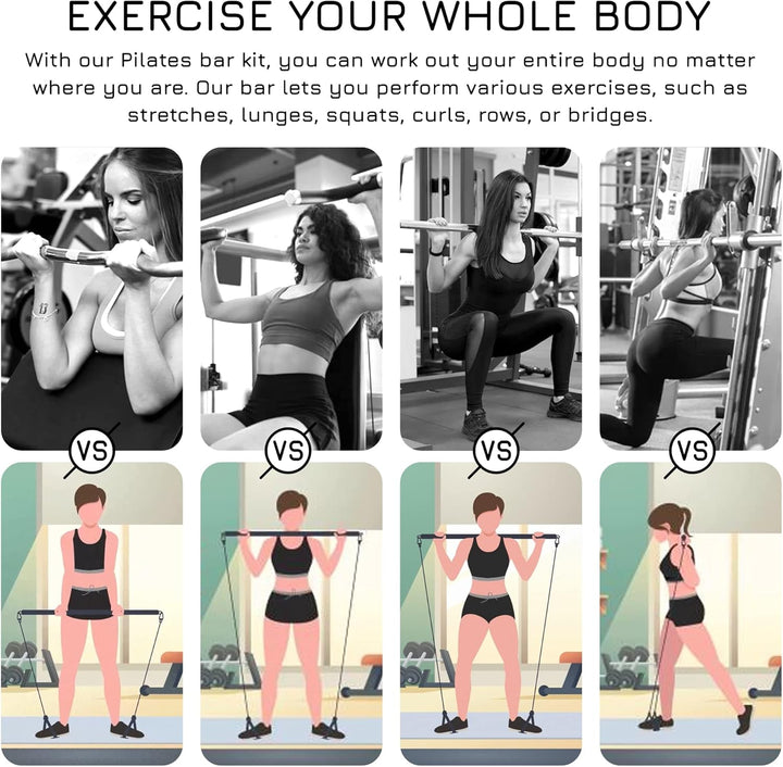 Breaking Limits Pilates Bar Set - Längenverstellbare Fitness Stange + 6 Widerstandsbänder - Ganzkörp