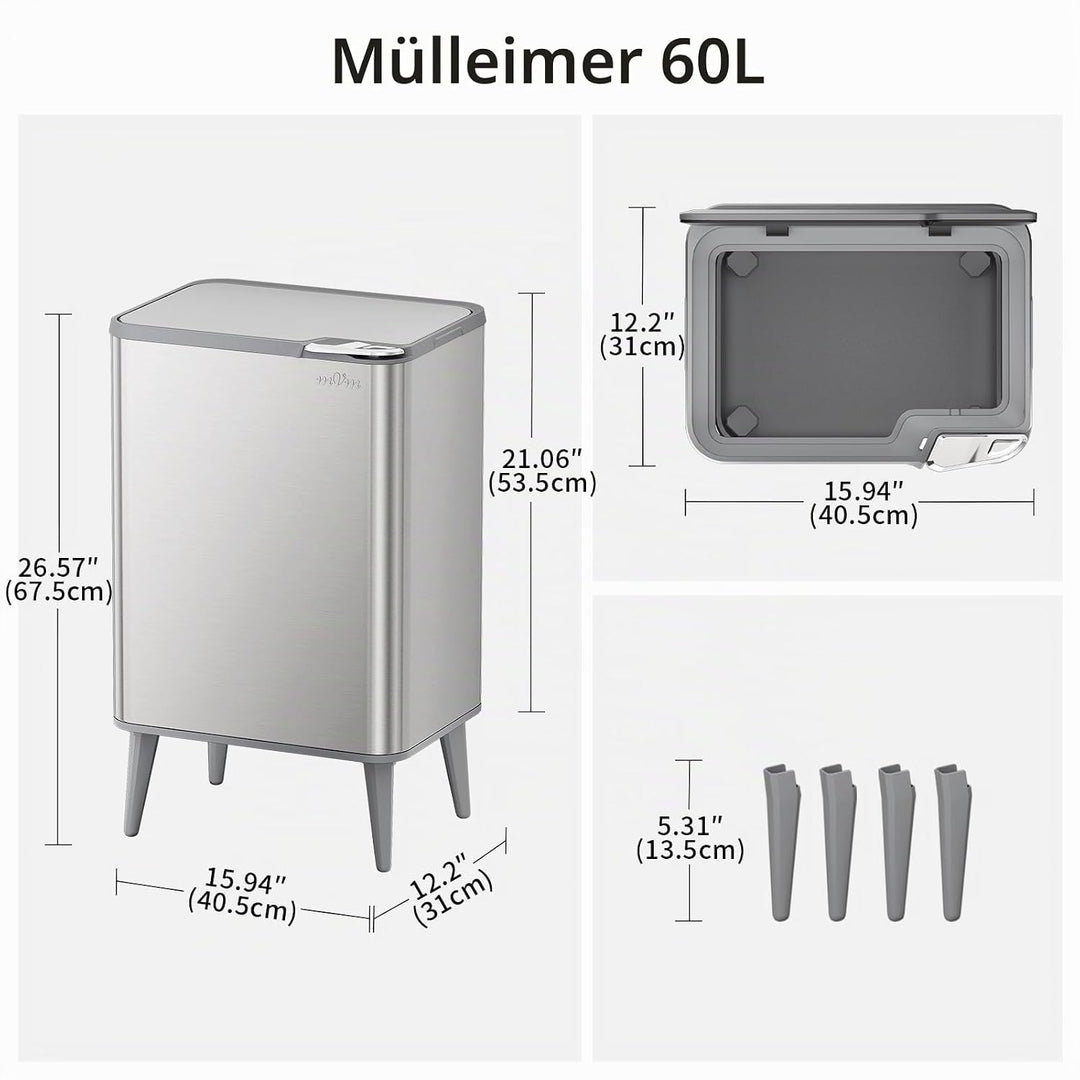 mVm Küchen &amp; Büromülleimer 60L, Edelstahl, Rechteckig, Mit Deckel &amp; Geruchsfilter, Sanftschliessend