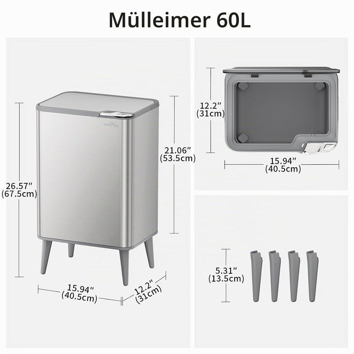 mVm Küchen &amp; Büromülleimer 60L, Edelstahl, Rechteckig, Mit Deckel &amp; Geruchsfilter, Sanftschliessend