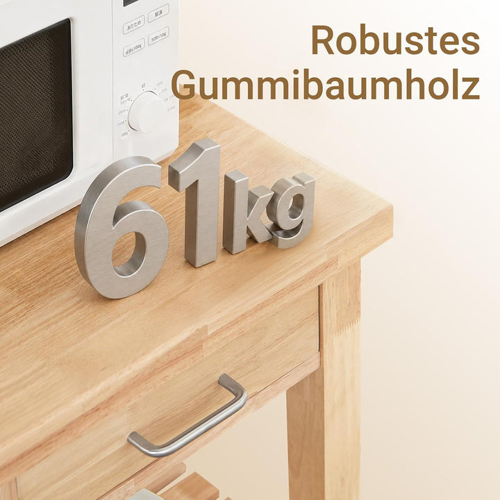 SoBuy FKW24-N Servierwagen aus Gummi-Holz,Küchenwagen,Küchenregal, Rollwagen,B80xT40xH90cm, B80xT40x