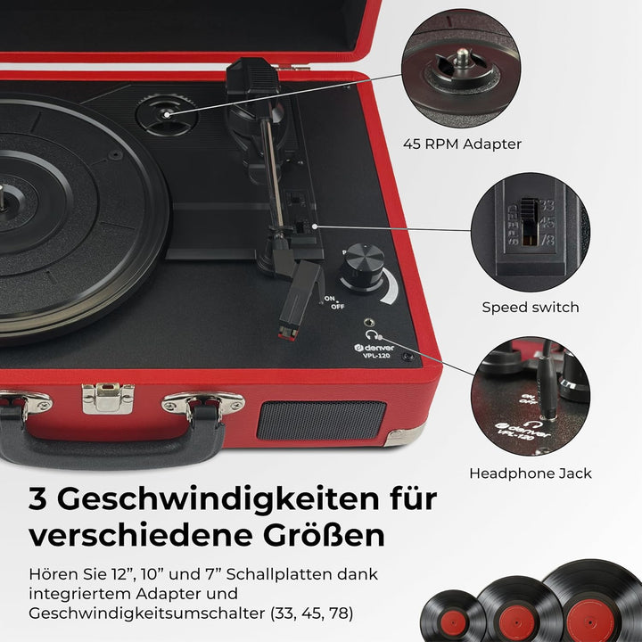 Denver VPL120 Plattenspieler mit Eingebauten Lautsprechern, Tragbaren Schallplattenspieler mit Aux E