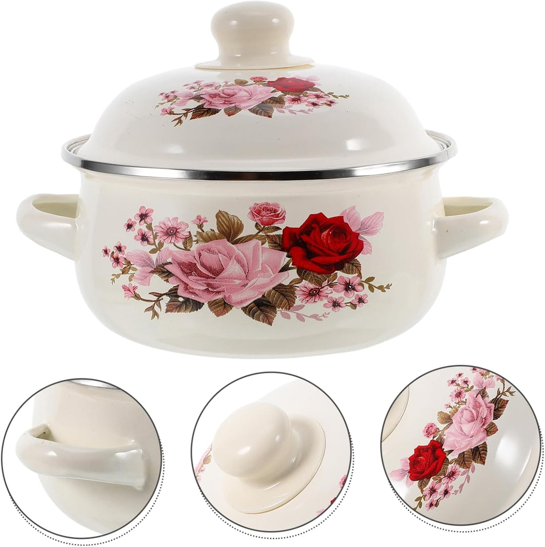 Alipis Emaillierter Kochtopf Mit Blumenmuster Emaille-suppentopf Mit Deckel Und Doppelgriff Vielseit