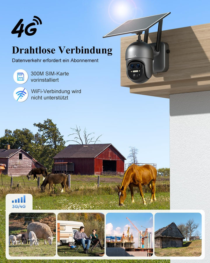 Xega 4G LTE 【12X Hybrid-Zoom】 Überwachungskamera Aussen mit SIM Karte,2K PTZ 【Dual-Lens】 Ohne WLAN S