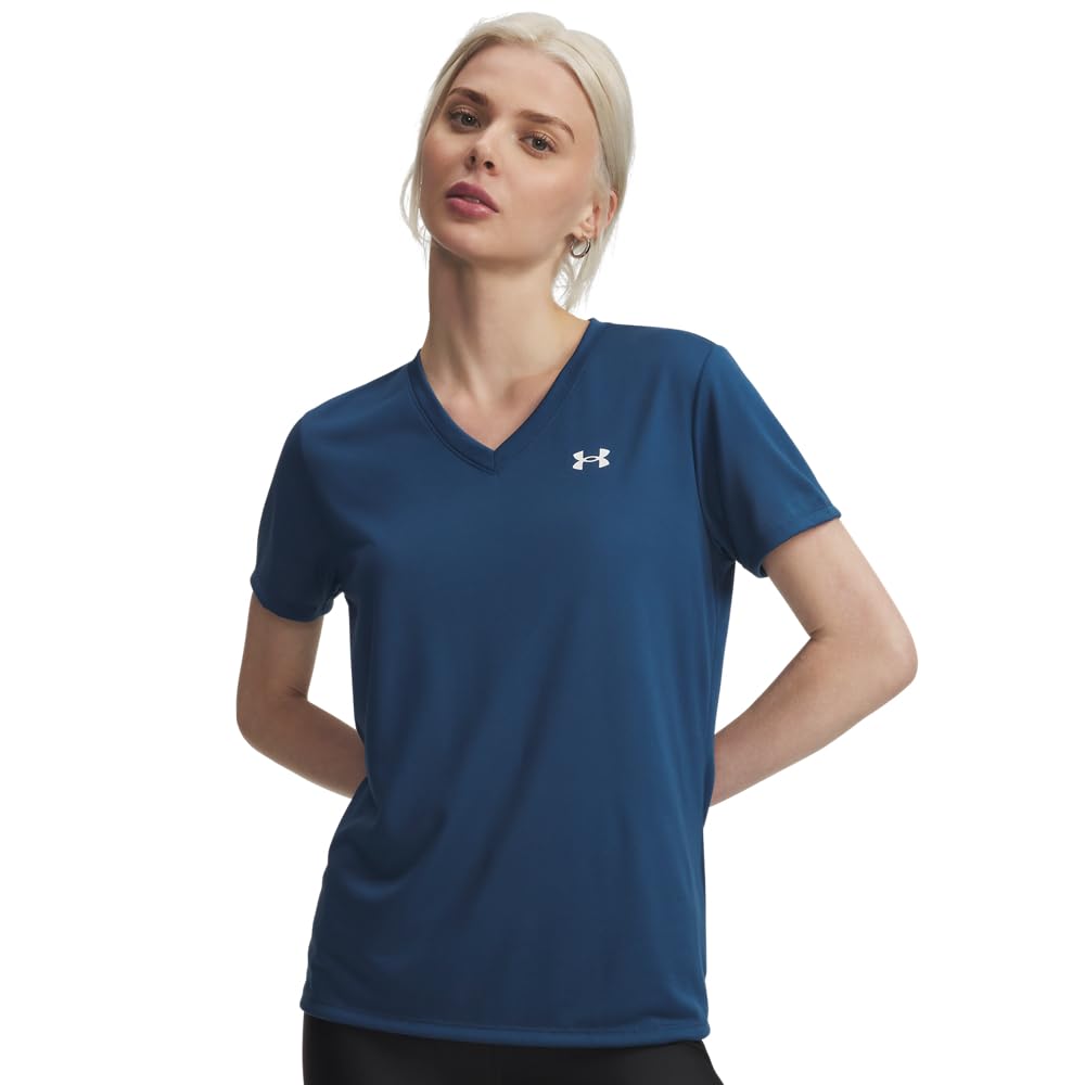Under Armour Damen Tech Short Sleeve V Neck T-Shirt M (498) Wham Blue/White, M (498) Wham Blue/White