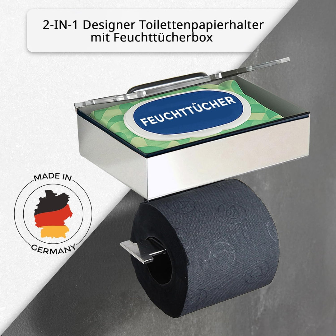 Toilettenpapierhalter mit Feuchttücherbox - Gehäuse Poliert & Abdeckung Glas Schwarz- befüllbar von