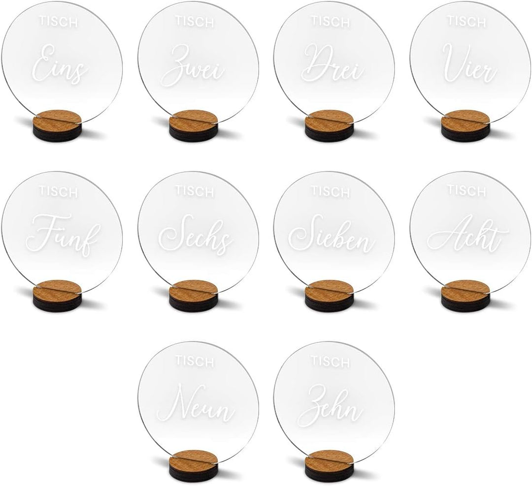 Tischnummern Hochzeit Set für 1-20 Tische, Acryl Transparent mit präsizer Milchig-Weisser Lasergravu