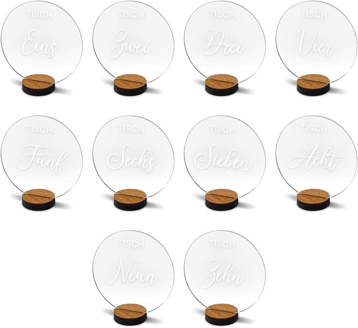 Tischnummern Hochzeit Set für 1-20 Tische, Acryl Transparent mit präsizer Milchig-Weisser Lasergravu