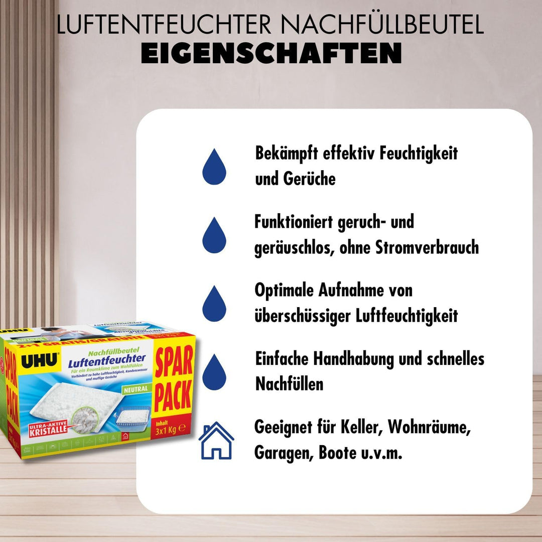 UHU Luftentfeuchter Nachfüllbeutel, Verhindert Feuchtigkeit und muffige Gerüche, 3 x 1000 g Sparpack