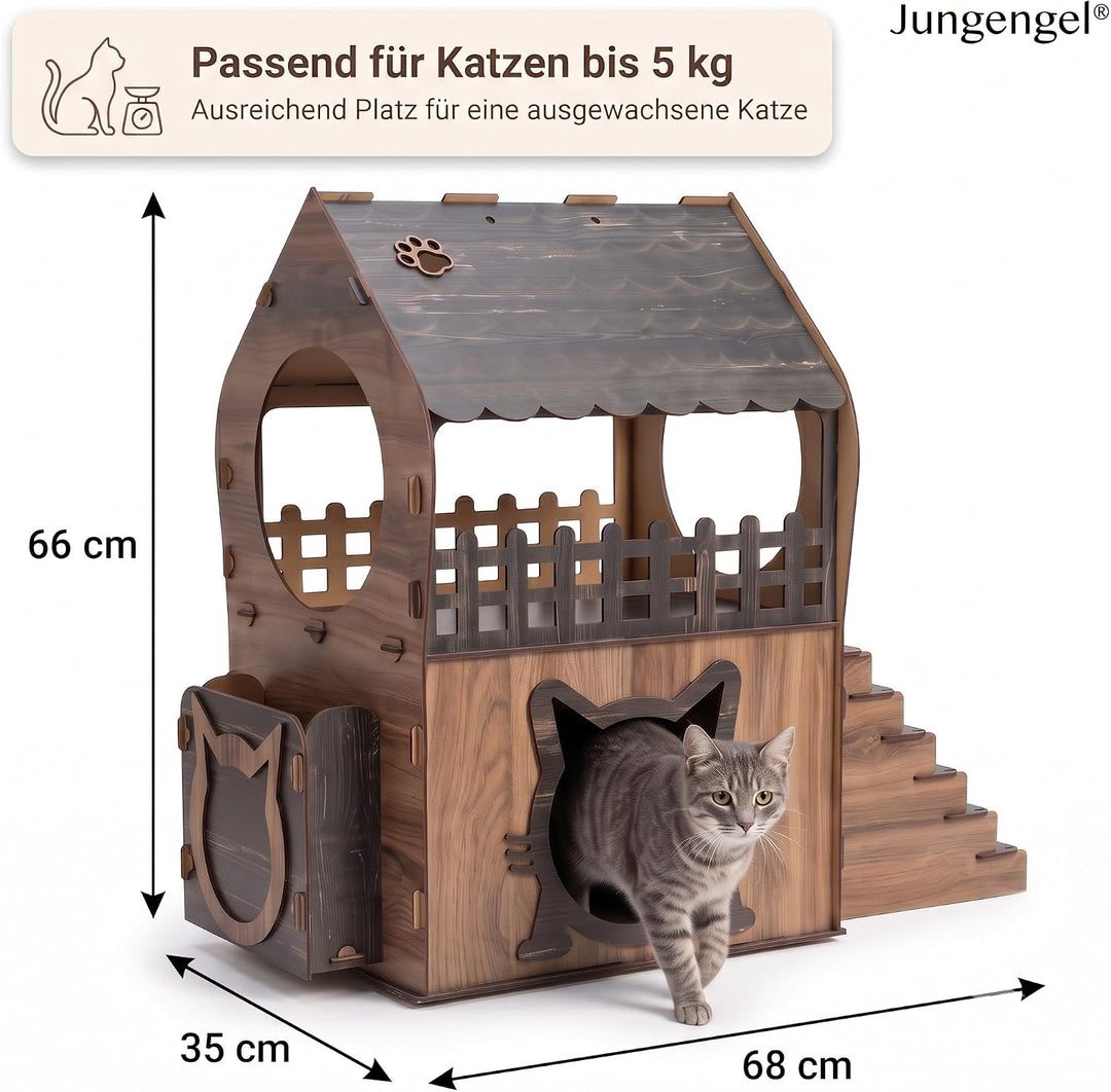 Zweistöckiges MDF Katzenhaus – Braun &amp; Dunkelbraun – Werkzeugloser Aufbau – Grössen XL, XXL, 3XL (Br