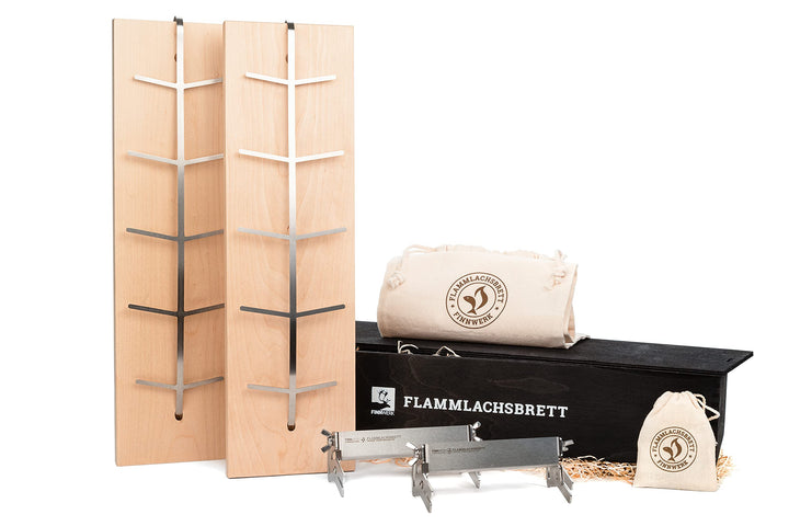 FINNWERK Flammlachsbrett Geschenkset - Lachsbretter mit Halterung aus Edelstahl und patentiertem Win