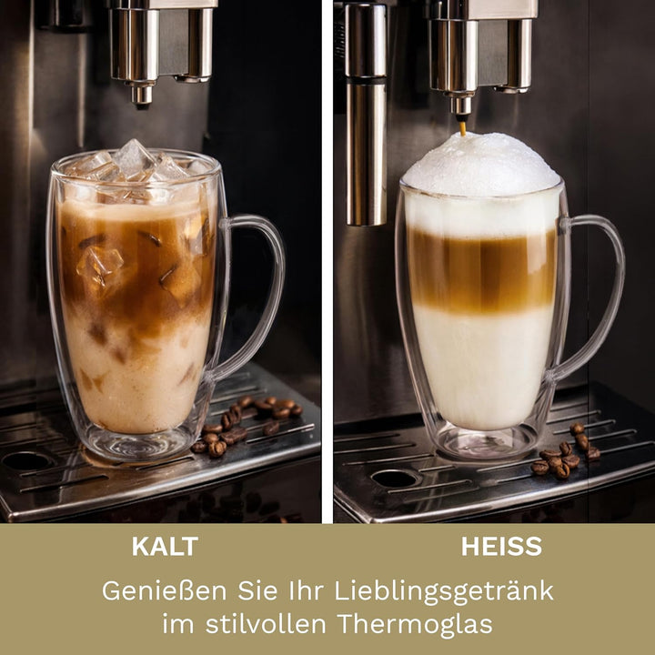 Creano doppelwandiges Thermoglas mit Henkel 250ml, grosses Doppelwandglas aus Borosilikatglas, Kaffe