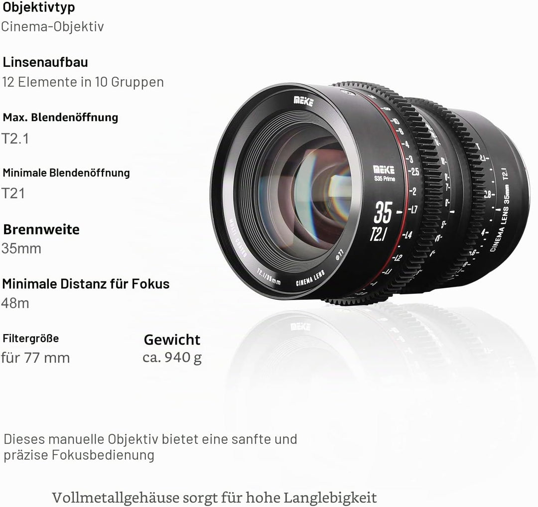 Meike 35 mm T2.1 S35 Manueller Fokus Weitwinkel Prime Cinema Objektiv für Canon EF Mount und EOS C10