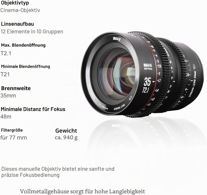 Meike 35 mm T2.1 S35 Manueller Fokus Weitwinkel Prime Cinema Objektiv für Canon EF Mount und EOS C10