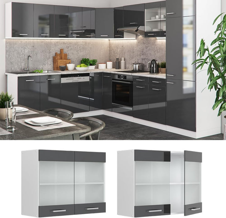 Vicco Küchenschrank Glas R-Line, Anthrazit Hochglanz/Weiss, 80 cm Anthrazit Hochglanz Hängeglasschra
