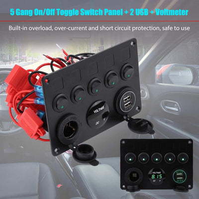 Kippschalter, 12-24V 5 Gang On/Off Kippschalter Panel Dual USB Voltmeter für Auto Boot Marine Truck(