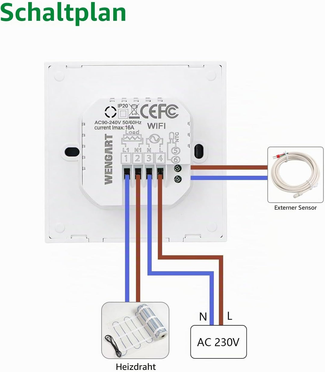 Wengart Smart Raumthermostat WG12 WiFi für Smart-Home-Besitzer zur Unterputz-Montage in 60mm Dosen o