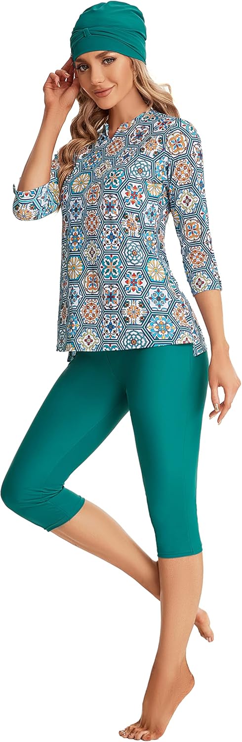 3/4 Sleeve Bescheidene Badeanzug für Frauen und Mädchen Elegante Kurzarm Bikinis Surfen Bademode Gep