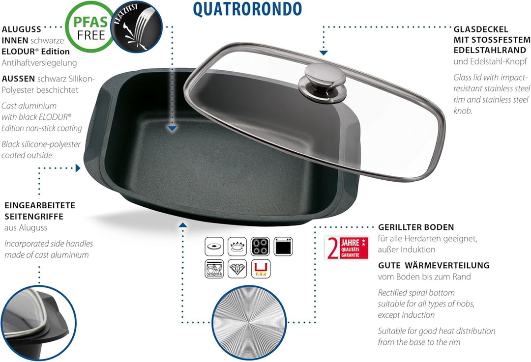 ELO Quatrorondo Bräter mit ELODUR® Edition, Aluminiumguss, hochwertige Antihaftversiegelung, kratzfe