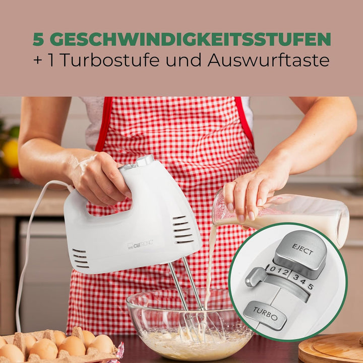 Clatronic Handmixer HM 3524, Set mit Mixstab, Edelstahlquirle & extra lange Knethaken, 5 Geschwindig