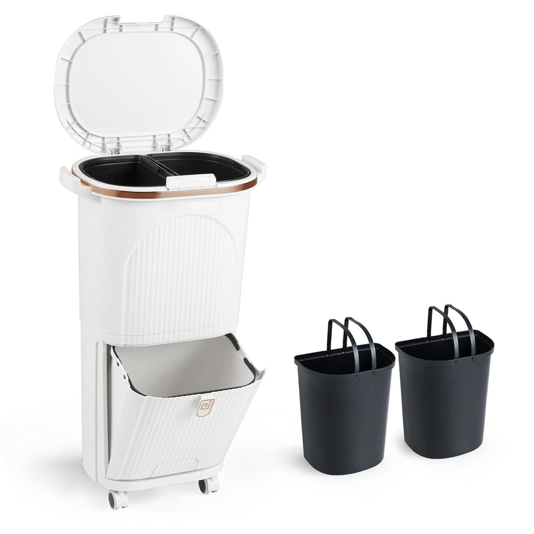 COSTWAY Mülleimer Küche, Mülltrennsystem 3 Fächer, 2 x 12L Inneneimer & 14L Treteimer, Abfalleimer m
