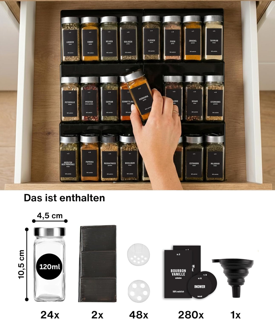 Deco haus® Gewürzregal mit Gläsern [MIT 24 GEWÜRZGLÄSER &amp; ETIKETTEN] - Gewürzregal Schublade auszieh