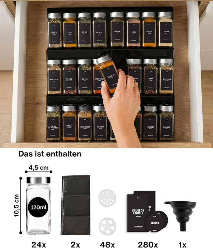 Deco haus® Gewürzregal mit Gläsern [MIT 24 GEWÜRZGLÄSER &amp; ETIKETTEN] - Gewürzregal Schublade auszieh