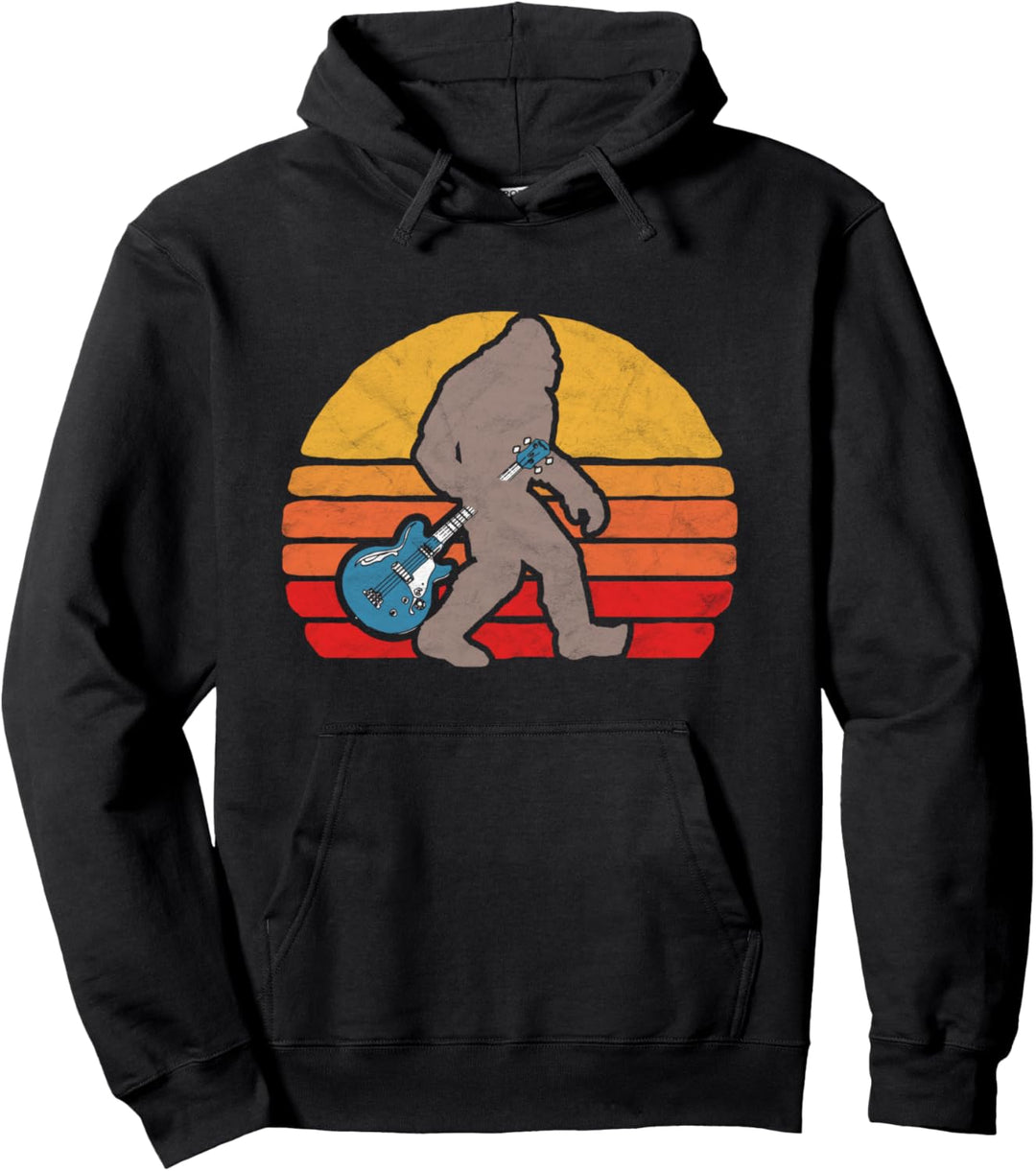 Bigfoot Electric Bass Guitar Vintage Sasquatch Sun Pullover Hoodie