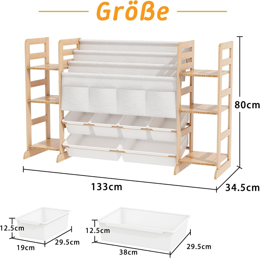 Spielzeug-Organizer Holz mit 16 Spielzeug Organizer 188cm Breit, Bücherregal Kinder Holz, Regal für