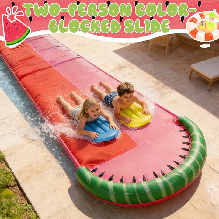 Wasserrutsche Garten für Kinder, 480 x 140cm Doppel Wasserrutschbahn mit 2 Bodyboards und Wasserball