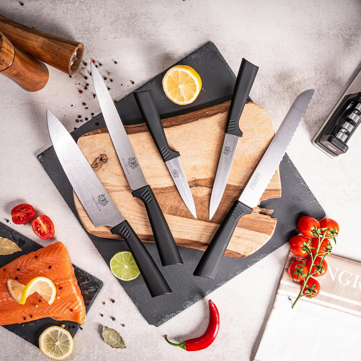 Messerblock mit Messer-Set - 6 teilig, Küchenmesser Set Edelstahl ink. Kochmesser, Brotmesser, Schäl