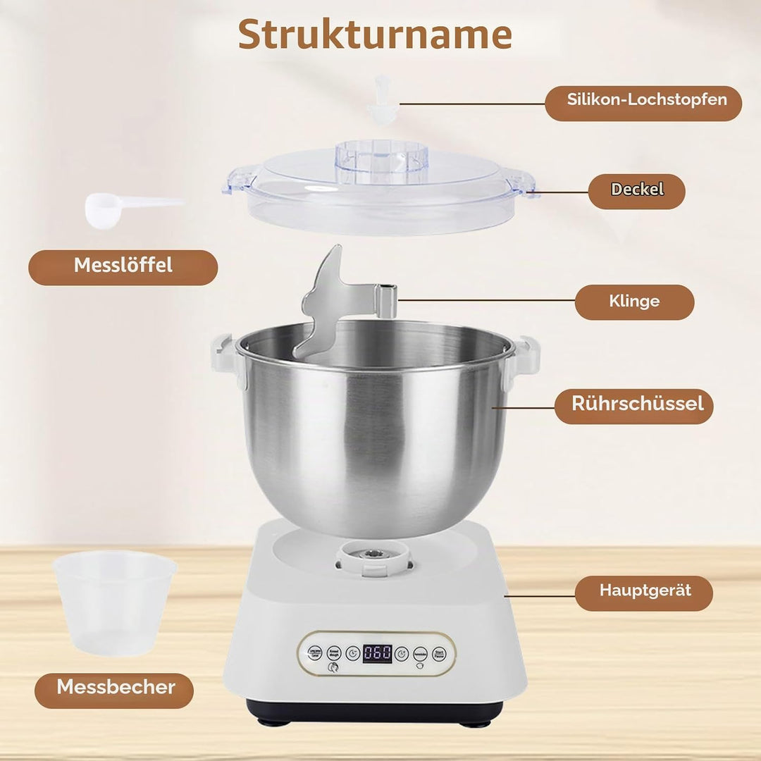 Edelstahl-Teigknetmaschine, 7L Grossvolumige Knetmaschine zum Backen mit thermostatischer Gärfunktio