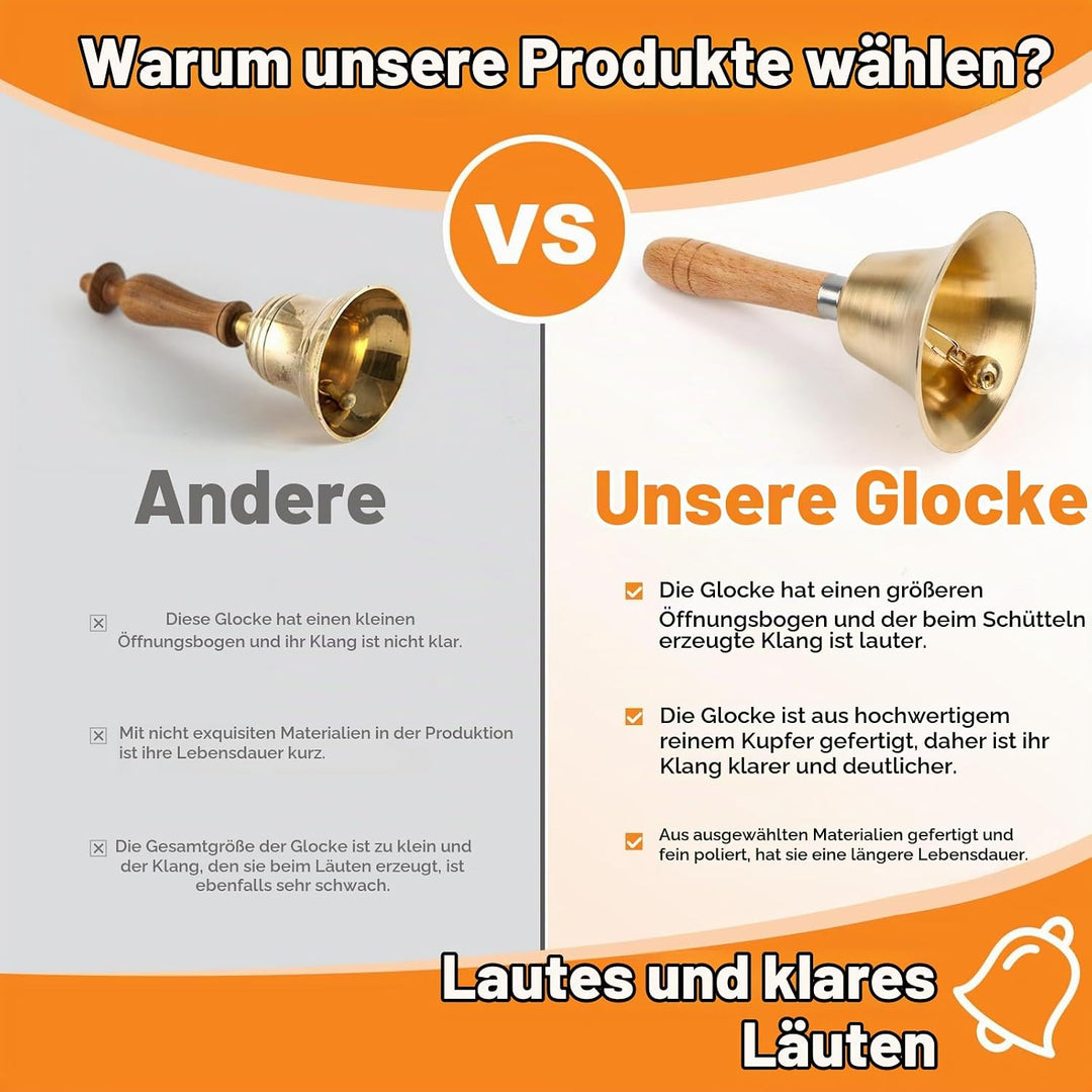 Super Laute Handglocke, Metall Glocken mit Holzgriff, Massivmessing Rufglocke für ältere Menschen zu