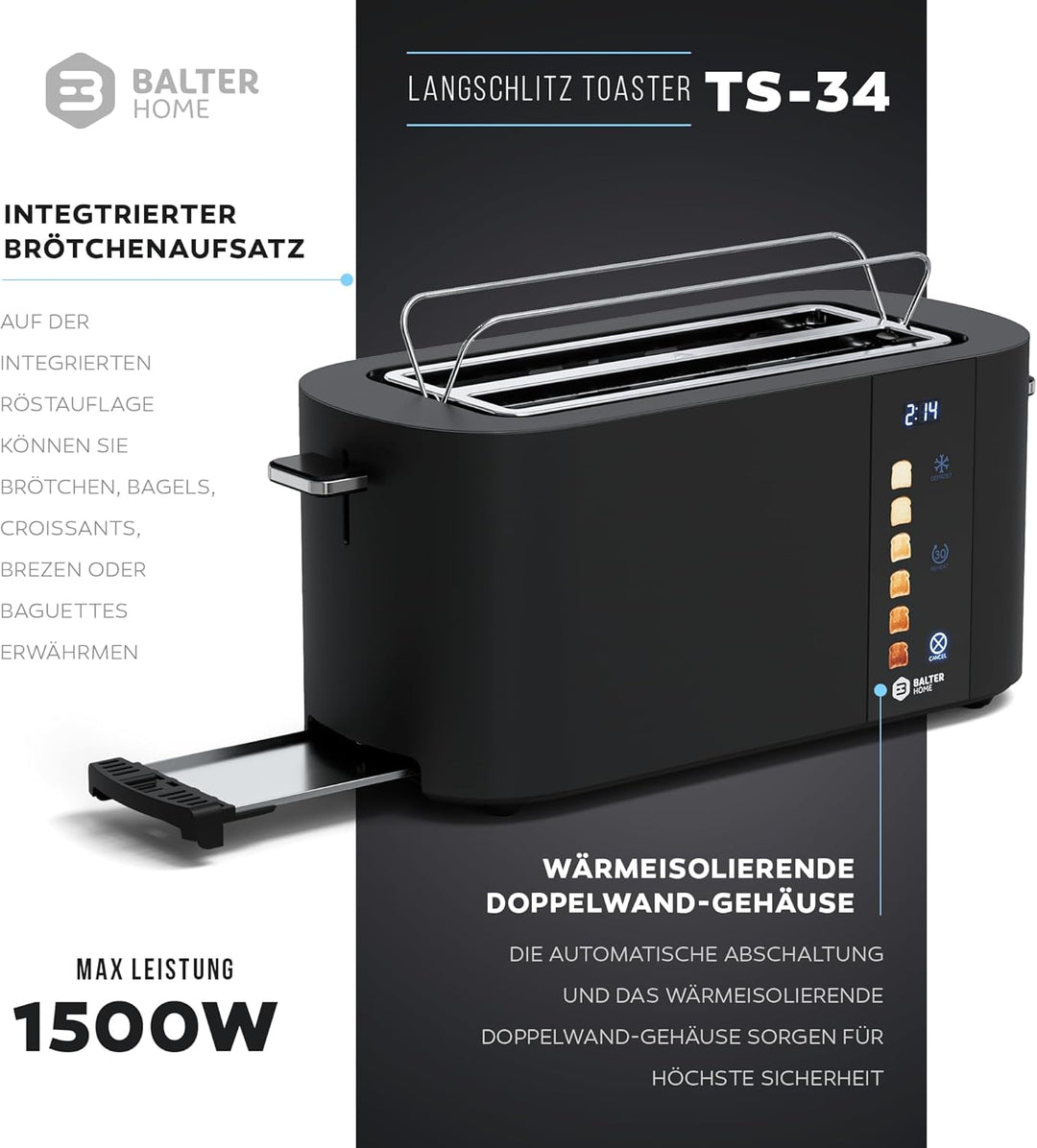 Balter Toaster 4 Scheiben, Touch Bedienung, Langschlitz, Edelstahl, Brötchenaufsatz, LCD Display Lan