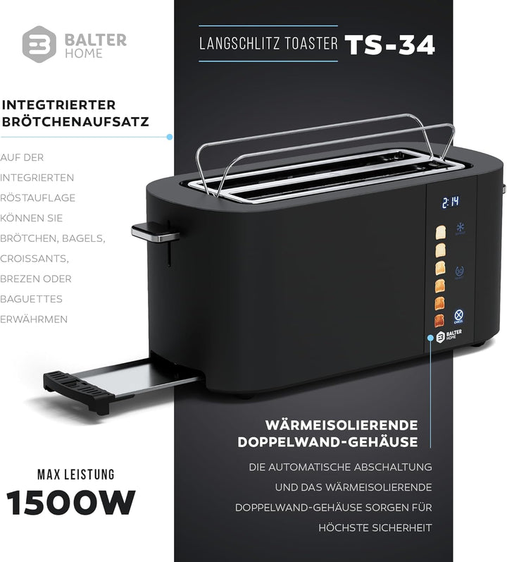 Balter Toaster 4 Scheiben, Touch Bedienung, Langschlitz, Edelstahl, Brötchenaufsatz, LCD Display Lan