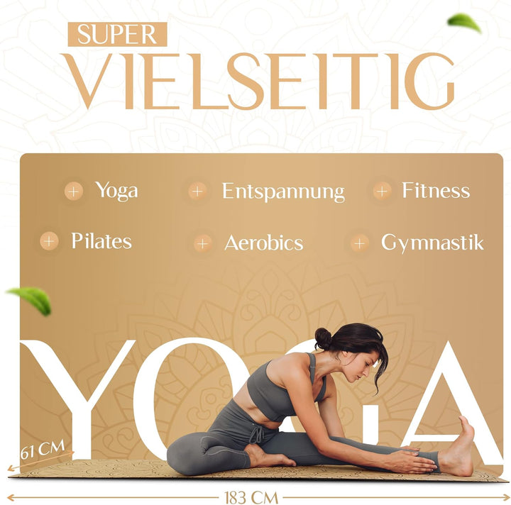 YOGALABS® - Premium 2-in-1 Yoga-Matte aus Kork & Naturkautschuk inkl. Tragegurt 183 x 61 x 0,4cm (gr