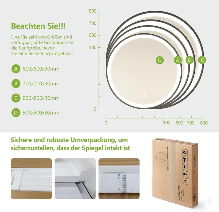 S'AFIELINA Badspiegel Rund mit Beleuchtung 60cm Durchmesser LED Badspiegel mit Touchschalter Dimmbar