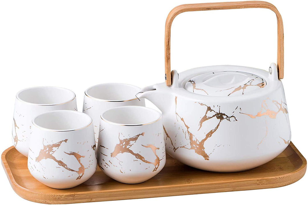 KKGUD Japanischer Stil Keramik Teeset, elegante Teekanne und 4 Teetassen mit Holztablett für Nachmit
