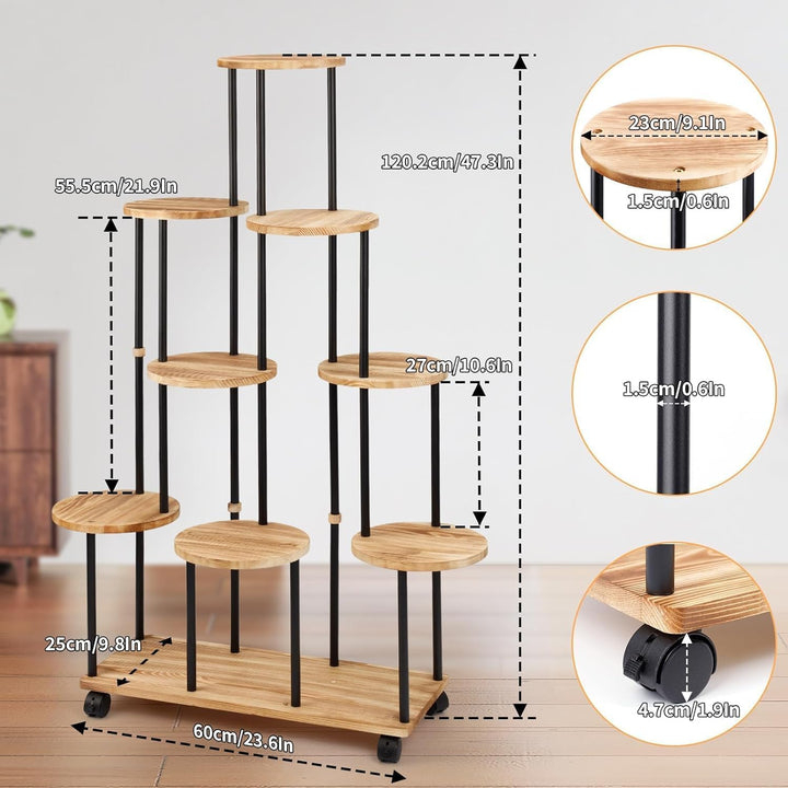 Blumenständer mit Rollen 9 Etagen Pflanzenregal Holz Pflanzentreppe Hoch Blumentreppen Metall Blumen