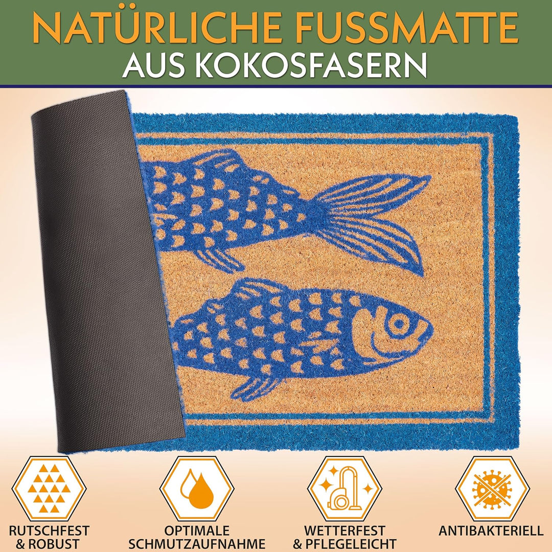 BRUBAKER Fussmatte für Aussen und Innen - Fische Blau - 45 x 75 cm Schmutzfangmatte aus 100% Kokos -
