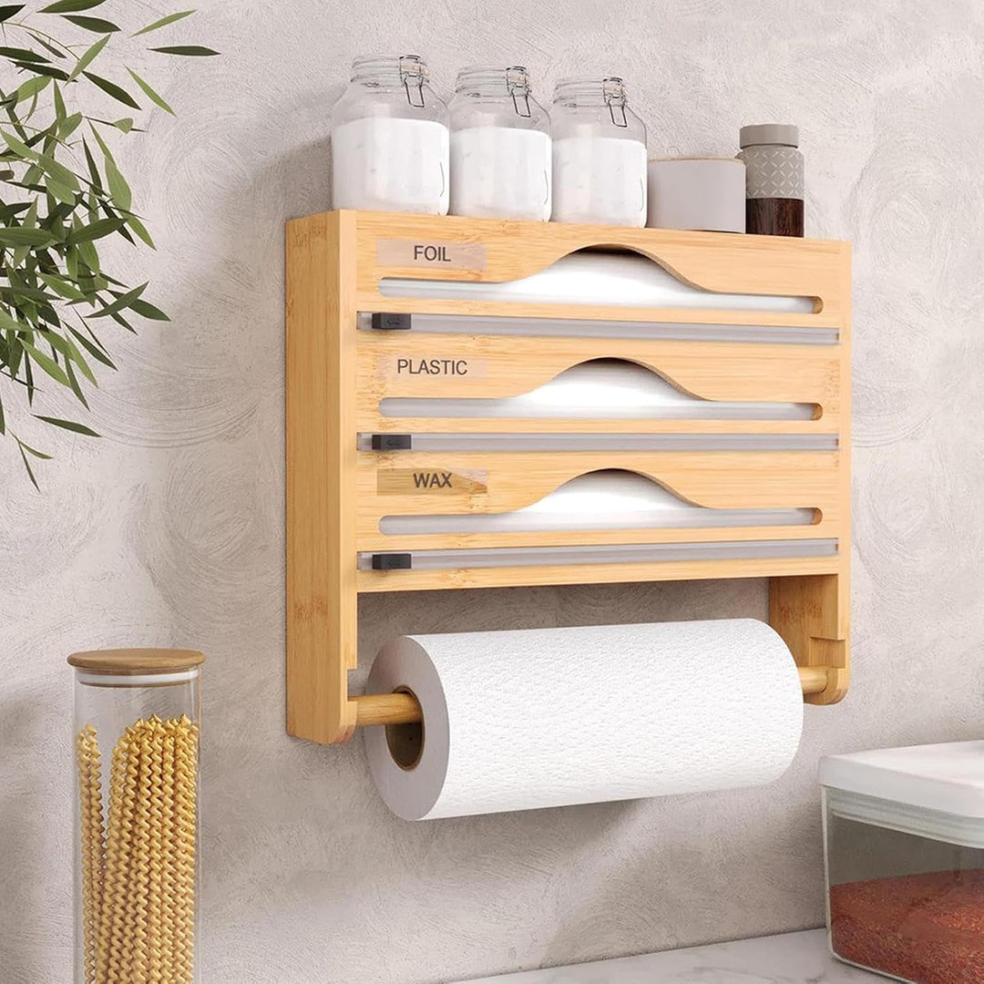 Reusable wrap organizer with cutter‑13.98×11.61×2.76inches wooden kitchen storage holder, fits rolls