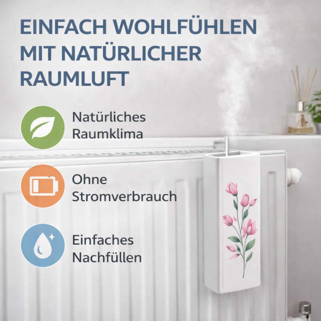 8er Set Luftbefeuchter Heizung Keramik 380ml Heizkörper Verdunster weiss mit Haken Blumenmotive Raum