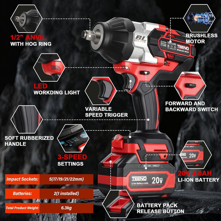 TEENO 1/2 Zoll Akku-Schlagschrauber Brushless, 1300 N·m Drehmoment, 2×4,0 Ah Akkus, inkl mit 5 Steck