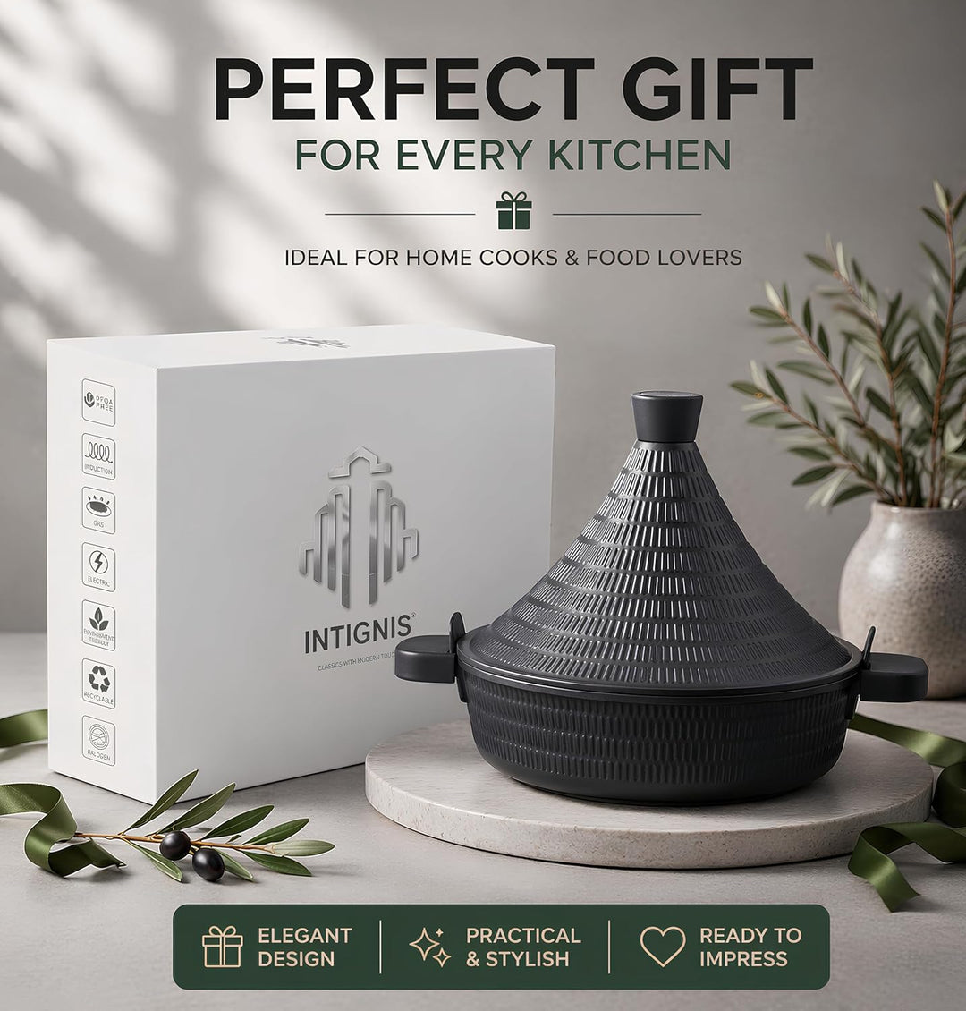 INTIGNIS Aluminium Tajine 28cm, Antihaft, Induktion & Gas Herd geeignet, Deckel mit Selbstbastfunkti