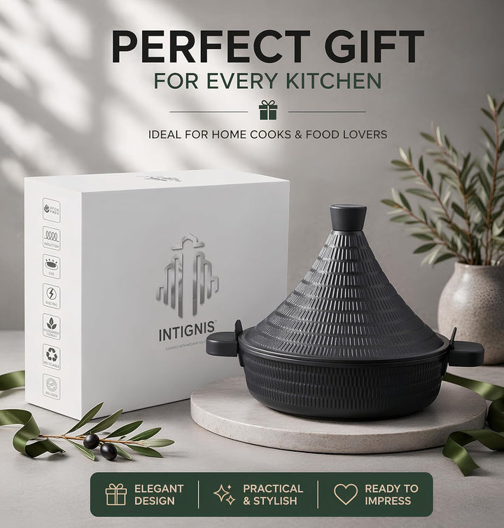 INTIGNIS Aluminium Tajine 28cm, Antihaft, Induktion & Gas Herd geeignet, Deckel mit Selbstbastfunkti