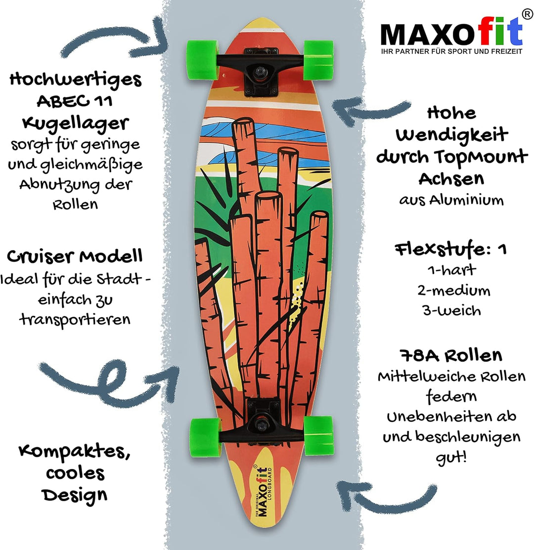 MAXOfit Longboard in verschiedenen Designs mit hochwertigen Ahorn/Bambus Decks für Anfänger und Fort